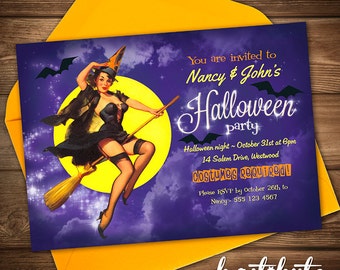 Halloween Party Witch Invitation - Retro bewitched design - customized for your party - printable file to print yourself as much as you like