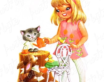 Bunny Kitty Tea Party - Vintage image for instant download - digital downloadable file - big eye kitsch - clip art