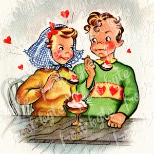 May include: A vintage Valentine's Day card illustration of a boy and girl sharing a bowl of ice cream. The boy is wearing a green sweater with red hearts and the girl is wearing a yellow sweater with a blue and white scarf. There are red hearts floating around them.