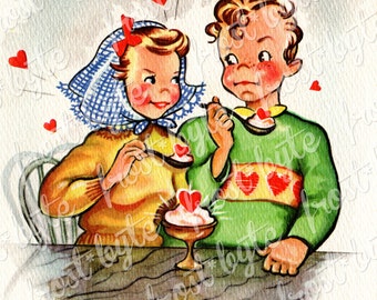 Vintage illustration - Boyfriend and Girlfriend Sharing a Sundae - downloadable image - instant digital download