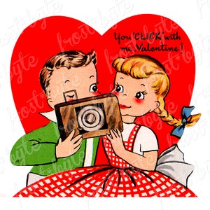 Vintage Camera Valentine Image - Boy and girl Valentines 1950s - 50s digital image for instant download -