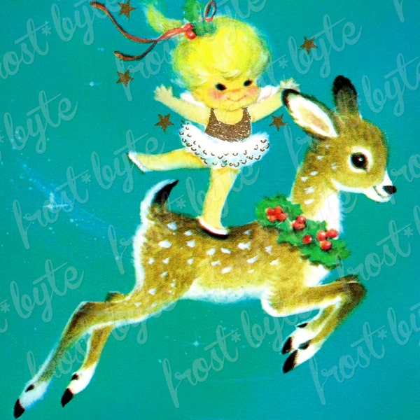 Vintage Christmas Girl and Deer Image - digital download file - 1950s xmas kitsch mid century reindeer blonde kitschmas