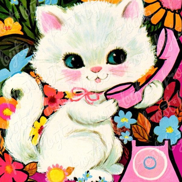 Vintage Cat Telephone Flowers Image - Digital file for instant download - 70s mod retro image