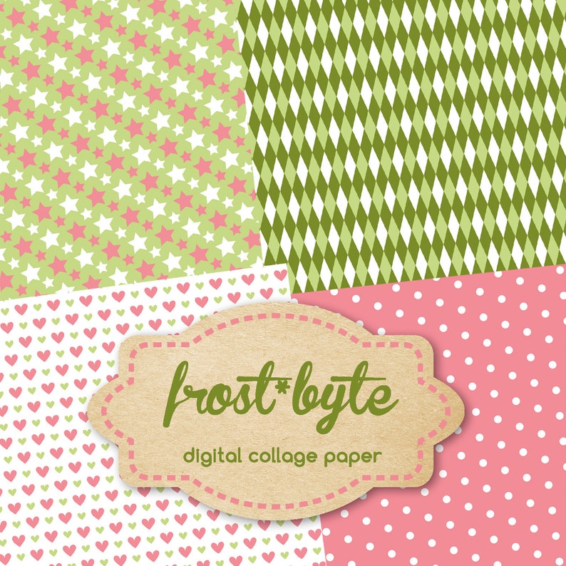 May include: Digital collage paper with four different patterns: pink stars on a green background, green diamonds on a white background, pink hearts on a white background, and white polka dots on a pink background. The paper is labeled "frost*byte digital collage paper".