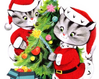 Santa kitties Decorating a Xmas Tree - Retro vintage image for instant download - digital downloadable file - Christmas kitsch holiday craft