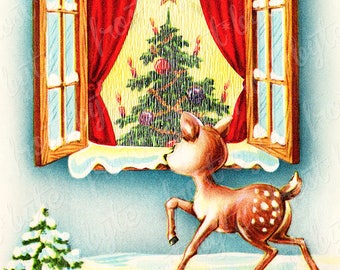 Mid Century Christmas Fawn Christmas Image - digital instant download image - snow scene with fawn looking at xmas tree in window