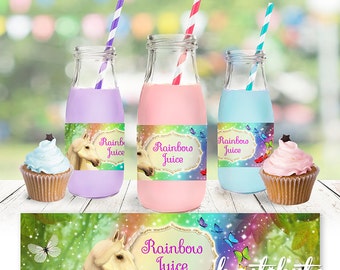 Unicorn Theme Party Bottle Labels - Rainbow butterfly design - digital instant download file to print at home