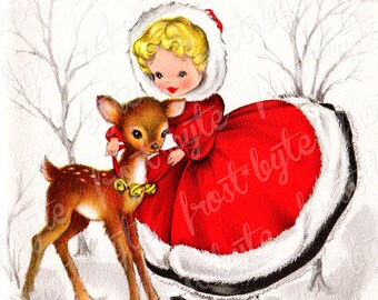 Snow Deer Vintage Christmas Image - downloadable file - instant download illustration - clip art - Xmas fawn girl red white - craft supplies