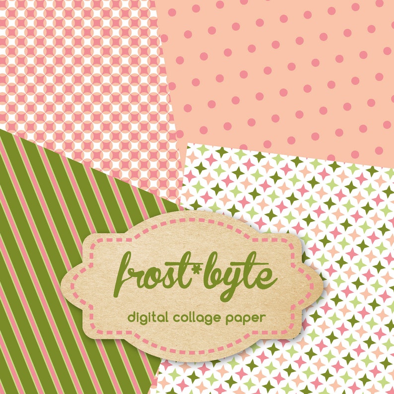 May include: Digital collage paper with four different patterns: pink and white checkered, pink polka dots on peach, green and pink stars on white, and green and pink stripes. The paper is labeled "frost*byte digital collage paper".