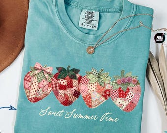 Sweet Summer Time T-Shirt, Cottagecore Strawberry Faux Patchwork, Berry Festival Comfort Colors® Tee