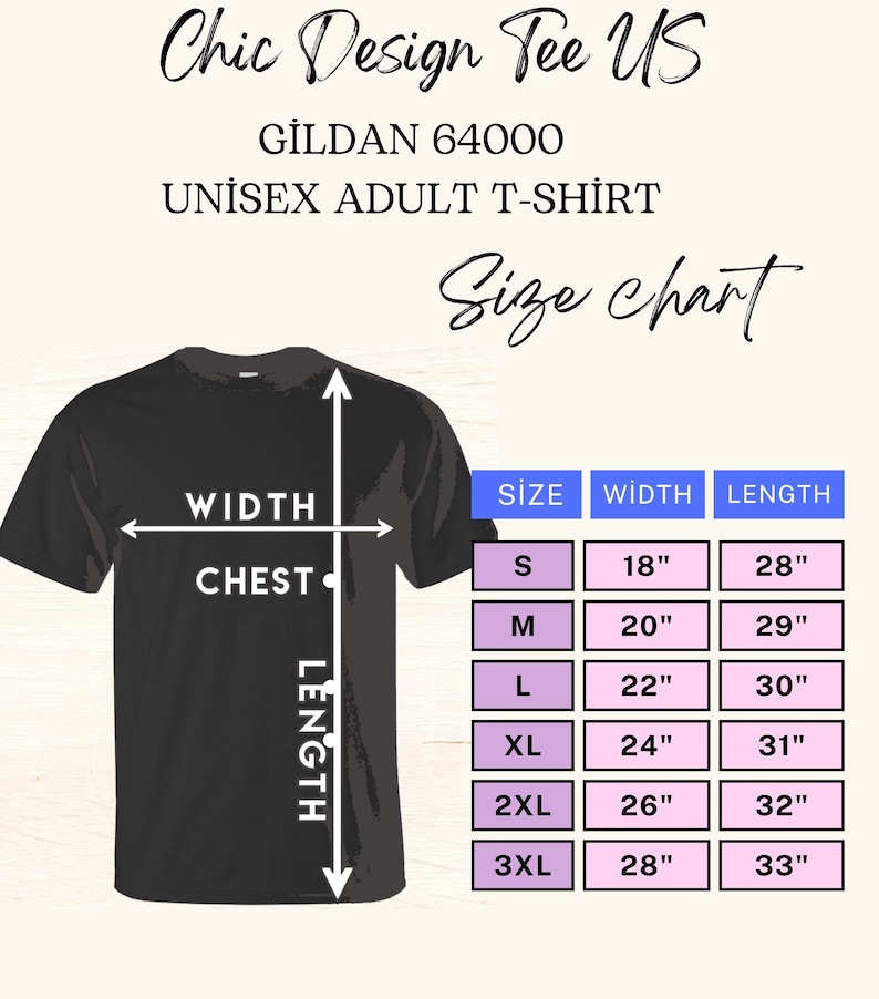May include: Size chart for a unisex adult t-shirt, showing measurements in inches for width and length. The chart includes sizes S, M, L, XL, 2XL, and 3XL.