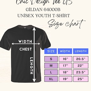 May include: Size chart for a Gildan 64000B unisex youth t-shirt. The chart shows the width and length in inches for sizes S, M, L, and XL.