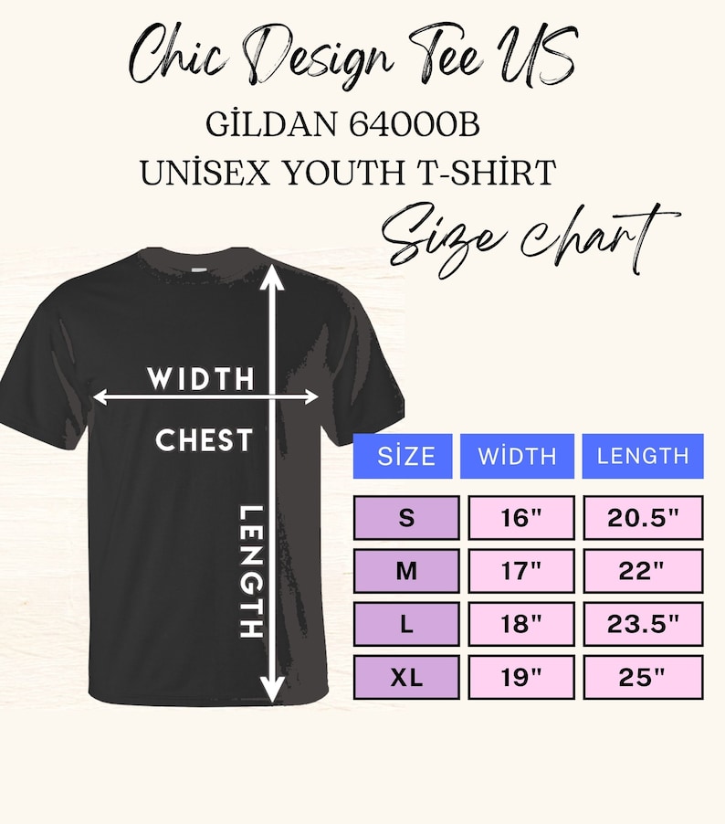 May include: Size chart for a Gildan 64000B unisex youth t-shirt. The chart shows the width and length in inches for sizes S, M, L, and XL.