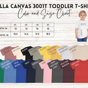 May include: Bella Canvas 3001T Toddler T-Shirt size chart with measurements in inches. The chart shows the width and length of the shirt in sizes 2T, 3T, 4T, and 5T. The image also shows a variety of colors available for the t-shirt, including white, heather mauve, natural, black, heather stone, yellow, heather yellow gold, athletic heather, heather dust, kelly, heather columbia blue, true royal, navy, asphalt, pink, dark heather grey, heather maroon, and heather red.