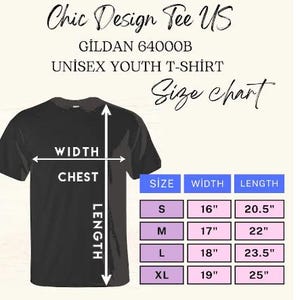 May include: A black Gildan 64000B unisex youth t-shirt size chart with white text. The chart displays width and length measurements in inches for sizes S, M, L, and XL, ranging from 16 to 19 inches in width and 20.5 to 25 inches in length.