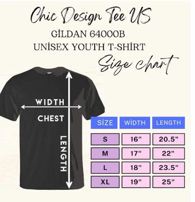 May include: A black Gildan 64000B unisex youth t-shirt size chart with white text. The chart displays width and length measurements in inches for sizes S, M, L, and XL, ranging from 16 to 19 inches in width and 20.5 to 25 inches in length.
