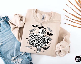 Spooky Sweatshirt, Checkered Dancing Ghost Halloween Gift