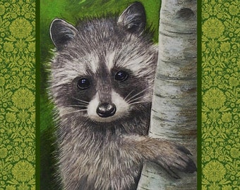Raccoon Painting 5x7 Inch Miniature Art Giclee Print by Melody Lea Lamb