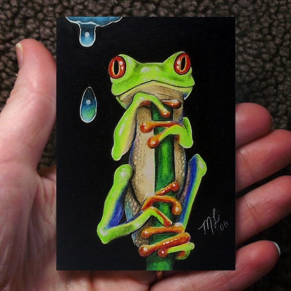 Miniatyrkonst med rödögd trädgroda av Melody Lea Lamb ACEO-tryck