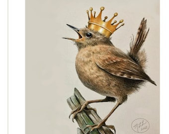 May include: A brown wren bird wearing a gold crown, perched on a branch, singing with its mouth open.