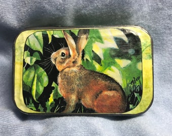 Summer Bunny, Altered Altoid Tin, Art by Melody Lea Lamb, Tiny Art Box, Decorative Animal Art
