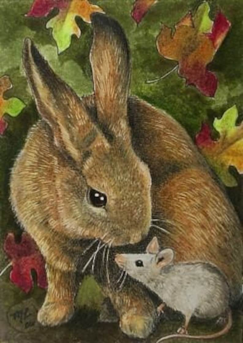 Bunny Rabbit and Mouse Art by Melody Lea Lamb ACEO Print image 1