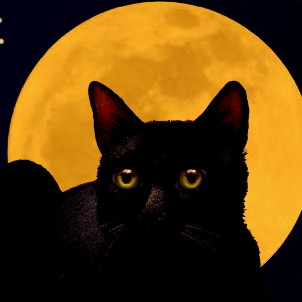 Schwarze Katze Vollmond Art Giclée-Druck Melodie Lea Lamm