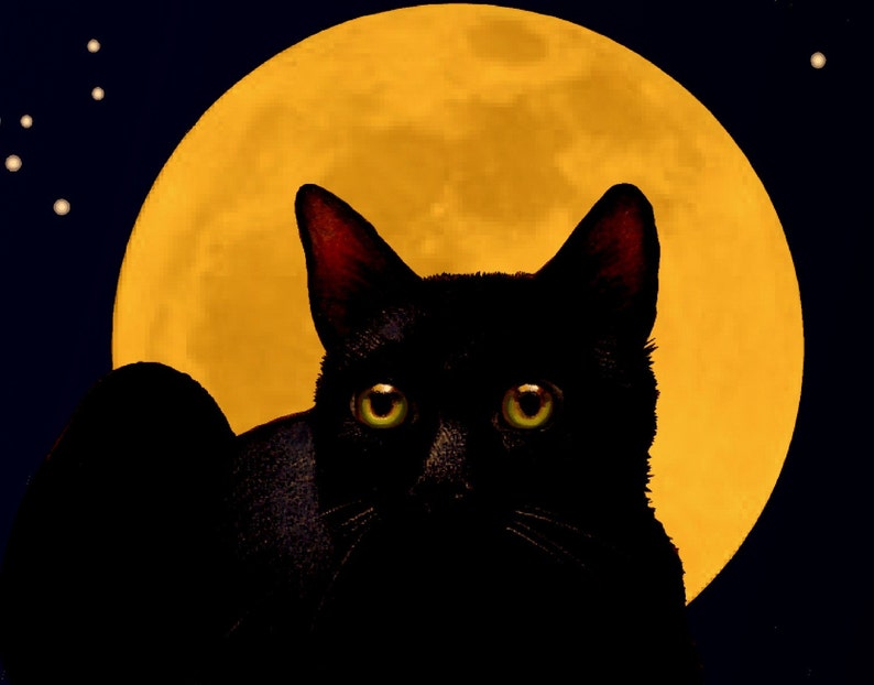 Black Cat Full Moon Art Giclee Print Melody Lea Lamb image 1