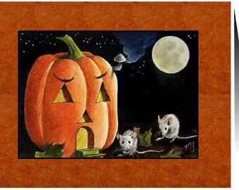 Halloween Mice and Pumpkin Cards Set of Four Art by Melody Lea Lamb