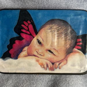 Scatola di menta Altered Altoid, Melody Lamb, Cupid Baby da arte originale, Stash Box