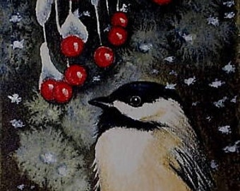 Chickadee and Berries Bird Art Melody Lea Lamb ACEO Print