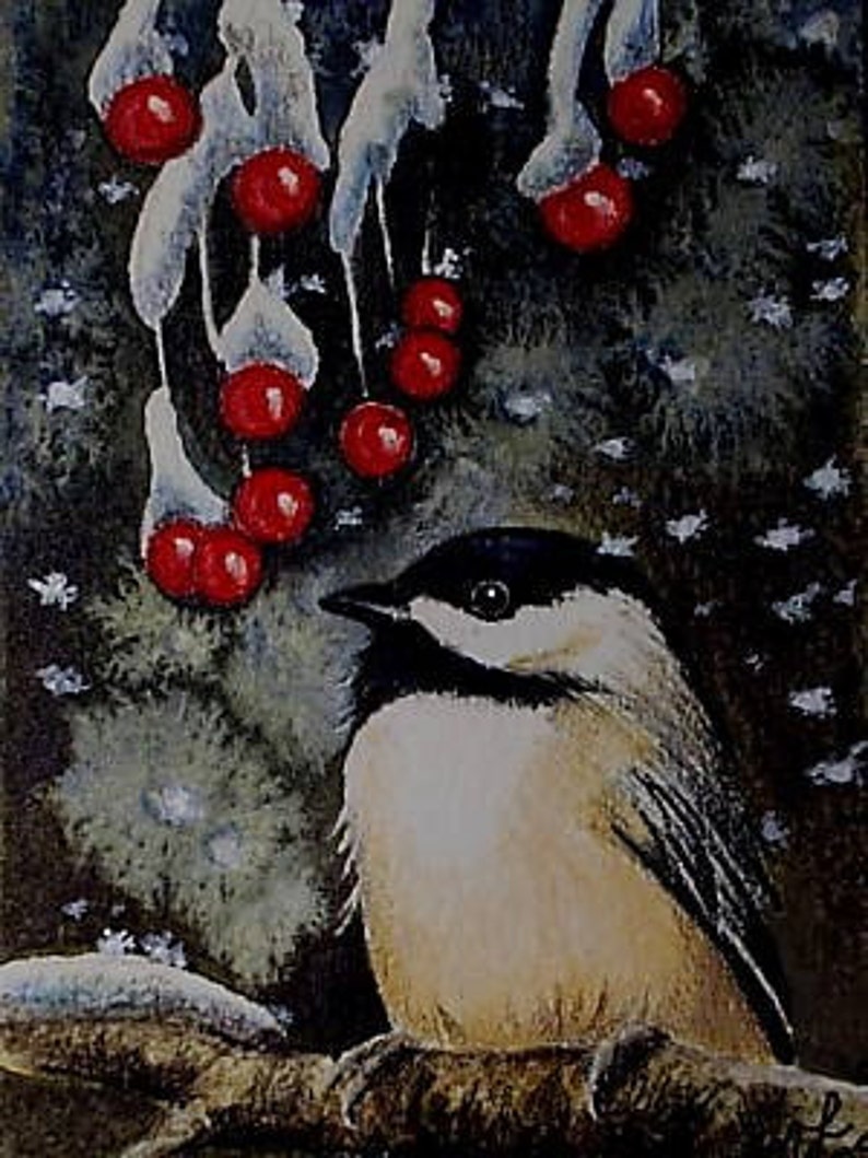 Chickadee and Berries Bird Art Melody Lea Lamb ACEO Print image 1