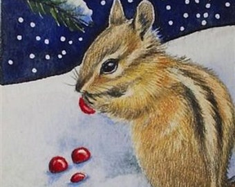 Winter Chipmunk Miniature Art by Melody Lea Lamb ACEO Print