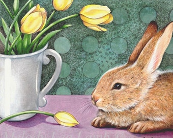 Bunny Rabbit and Tulips, Original Painting, Colored Pencil, Still Life, Animal Art, 14" x 14" x 2.25"  Melody Lea Lamb