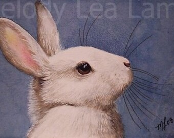 White Bunny Rabbit Miniature Art by Melody Lea Lamb ACEO Print