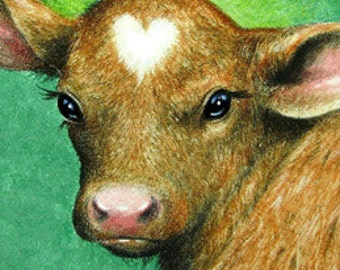 Baby Cow Valentine Bookmark From Original Painting by Melody Lea Lamb