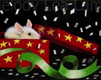 Happy New Year Mouse Miniature Art by Melody Lea Lamb ACEO Giclee Print