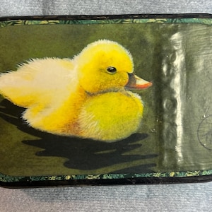 May include: A yellow duckling with white feathers is painted on a green background inside a wooden box with a green and black border.
