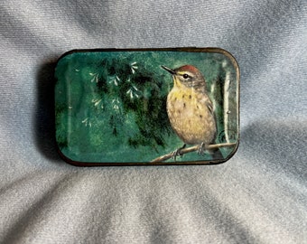 Melody Lamb Tin, Altered Altoid Tin, Spring Bird Art from Original, Stash Box