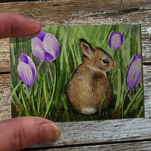 Bunny and Spring Crocus Art by Melody Lea Lamb ACEO Print