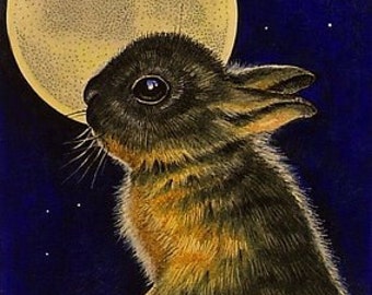 Fall Bunny Full Moon Miniature Art by Melody Lea Lamb ACEO Print