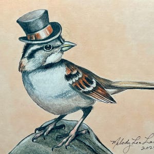 Cartão comemorativo "Pardal com chapéu", da arte original de Melody Lea Lamb