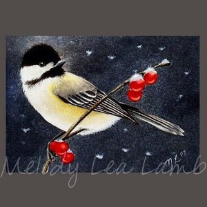 Chickadee uccello con arte in miniatura bacche da Melody Lea agnello ACEO Print