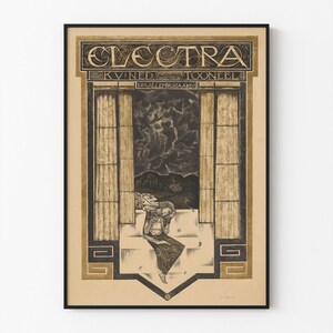 Può includere: Un poster incorniciato intitolato ELECTRA KV.NED. TOONEEL DE WILL EMROUAARDS con un'illustrazione in nero e oro di una persona seduta su una sporgenza davanti a un paesaggio scuro e tempestoso, incorniciato da colonne e bordi.