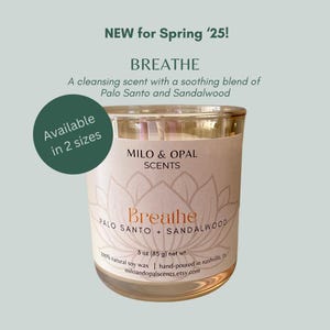 Small BREATHE Palo Santo Sandalwood Scented Soy Candle - Non-toxic, Hand-poured, Champagne Tinted Glass 4 oz. Container, Gift Under 20, Luxe