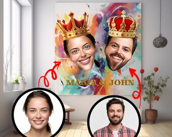 Personalized cartoon King crown, Custom Portrait From Photo, funny wall art, A little surprise for your lover and wife,custom birthday gift.