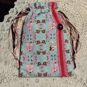 Pink Owl Drawstring Bag: Cotton Cloth, Runes & Tarot Storage