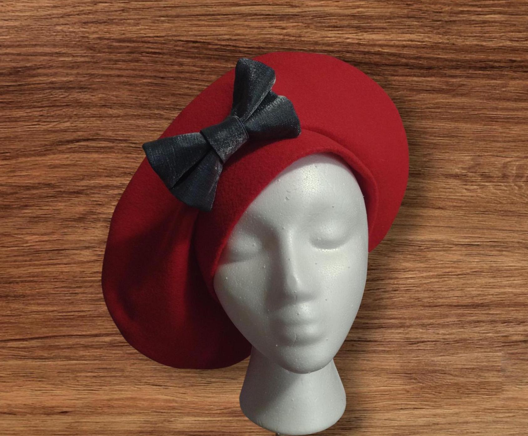 1940s Inspired Red Felt Beret With Gray Bow - Etsy display picture 2