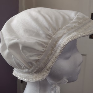 Victorian Nightcap: White Cotton Sleeping Bonnet with Lace Trim