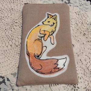 Embroidered Fox Tarot Bag: Handmade Cotton Pouch with Vintage Zipper